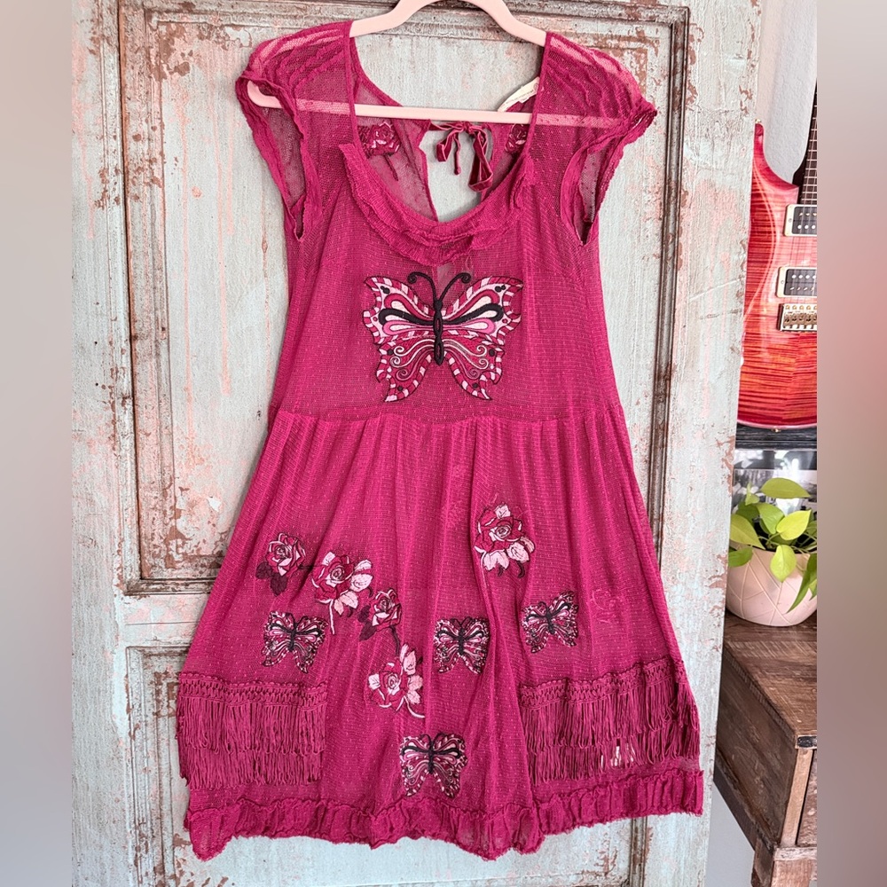 🦋 Odd Molly Uncorporated Embroidered Butterfly Boho Dress Sheer Mesh, Fringe Hem